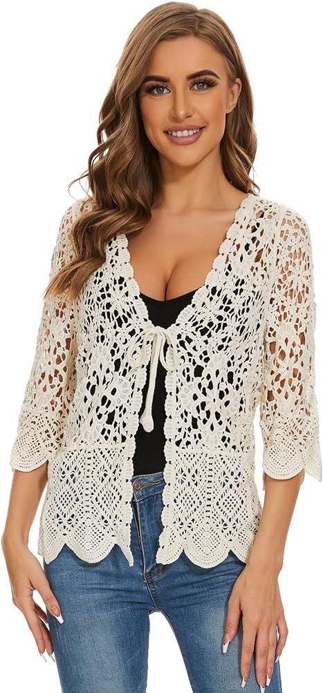 Women's Cotton Casual Floral Lace Crochet 3/4 Sleeve Cardigan Boho Cover Up | Amazon (US)