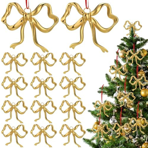 Tondiamo 12 Pcs Christmas Metal Bow Ornaments Gold Bow Decoration for Christmas Tree Topper Garland Fireplace Wreath Xmas Tree Hanging Ornaments Home Indoor Outdoor | Amazon (US)