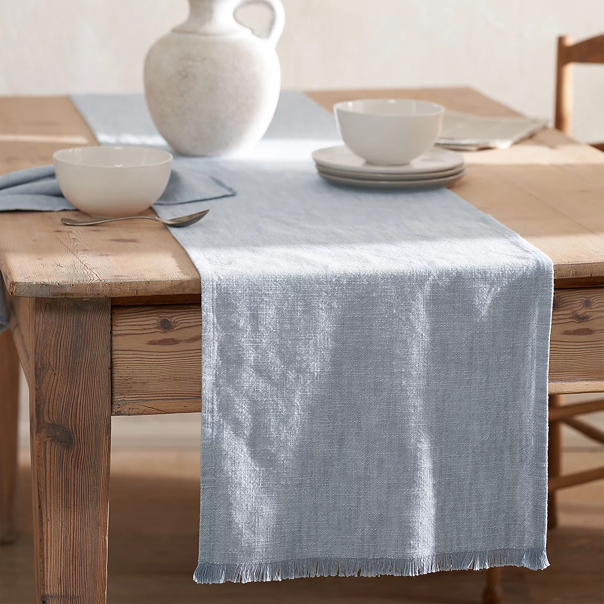 Soft Blue Fringed Table Runner | The White Company UK & ROW