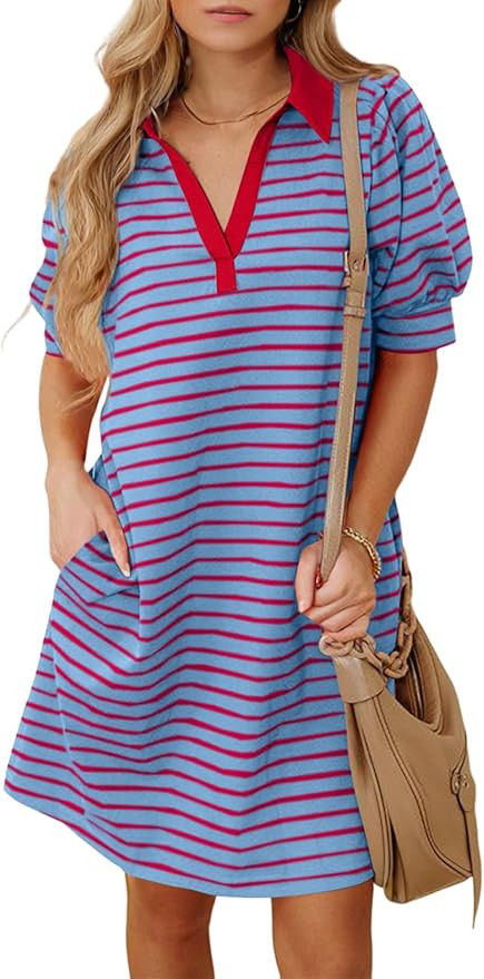 BLENCOT Women's Casual Polo V Neck T Shirt Striped Dress Summer Puff Short Sleeve MIdi Dresses | Amazon (US)
