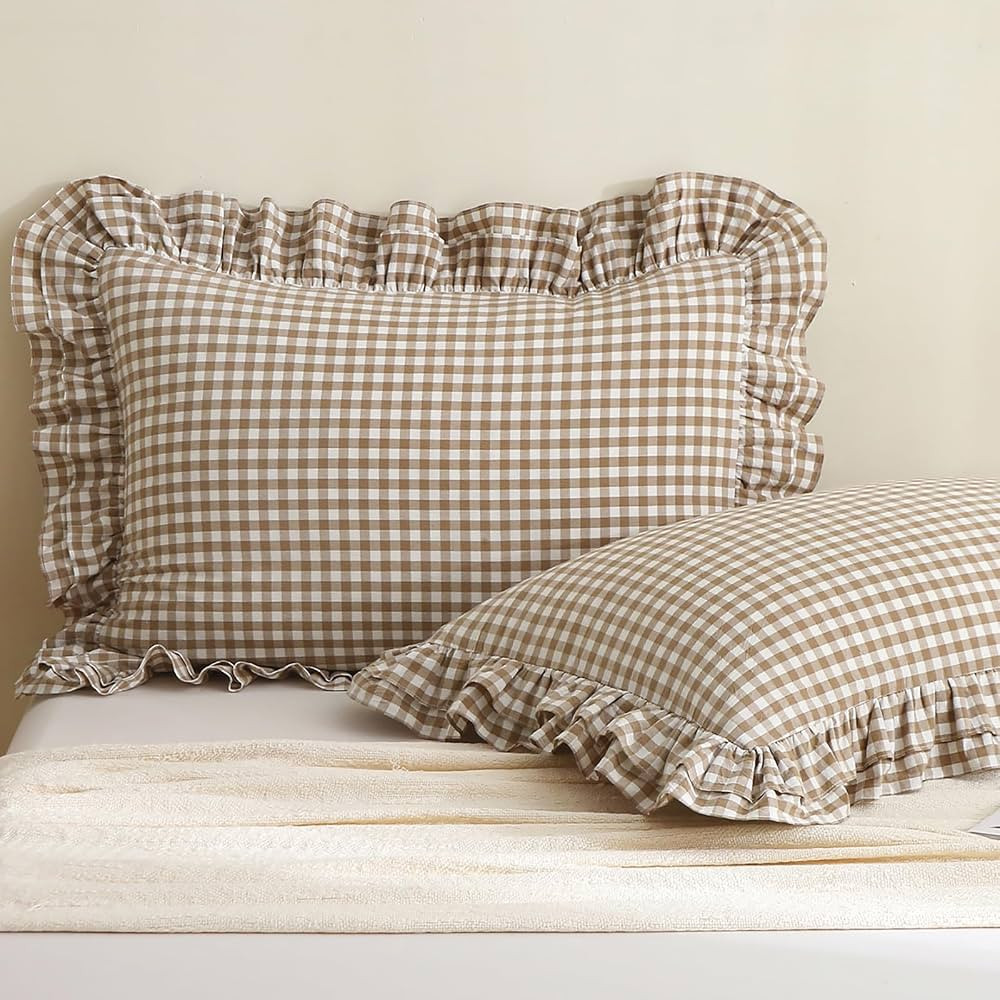 Aryeleay 2 Pack Taupe White Plaid Gingham Ruffle Pillow Shams Standard Size 26x20 inches, 100% Wa... | Amazon (US)