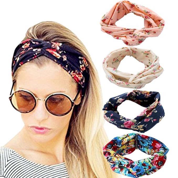 DRESHOW 4 Pack Turban Headbands for Women Hair Vintage Flower Printed Cross Elastic Head Wrap | Amazon (US)
