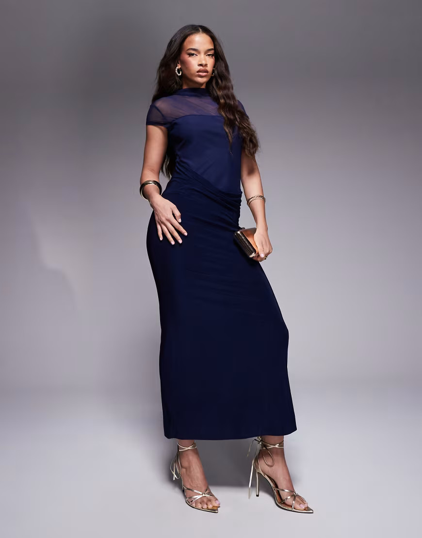 ASOS DESIGN maxi dress with cowl skirt detail and layered bodice in navy-Blue | ASOS (Global)