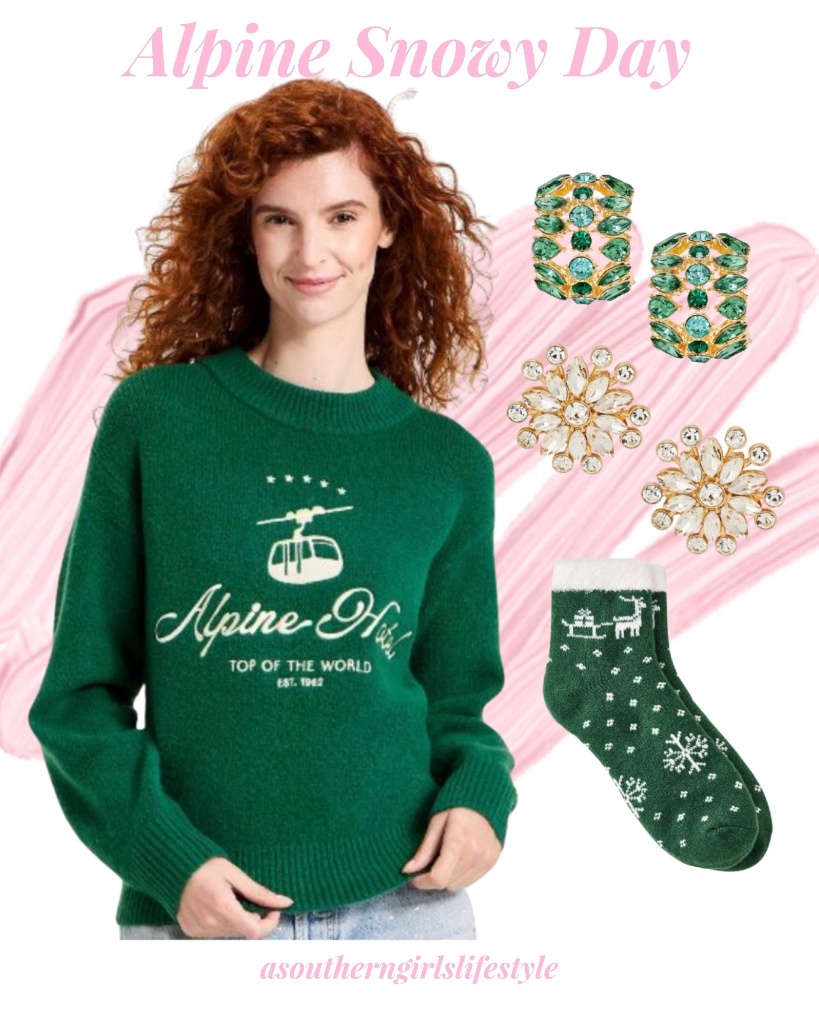 Love this Green! Giving all the warm Cozy Snow Cabin feels! 

Till the 13th Save $5 with Target Circle when you spend $25 on clothes & accessories! 

Green Alpine Sweater, Green Crystal Earrings, Floral Stone Earrings (they look like snowflakes) & Green Fair Isle Double Lined Socks 

Christmas Style. Holiday Style. 

#LTKHoliday #LTKFindsUnder50 #LTKSeasonal
