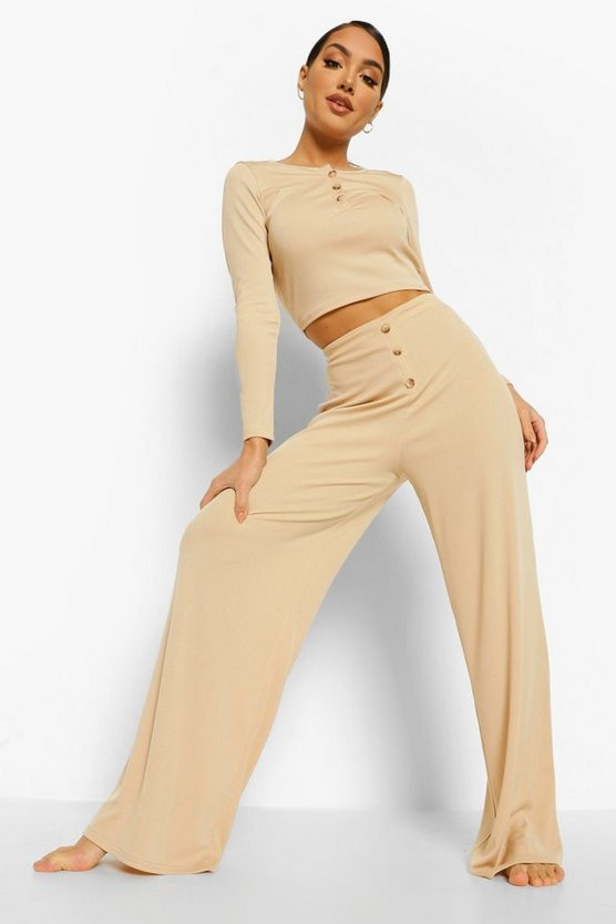 Rib Button Front Wide Leg Lounge Set | Boohoo.com (US & CA)