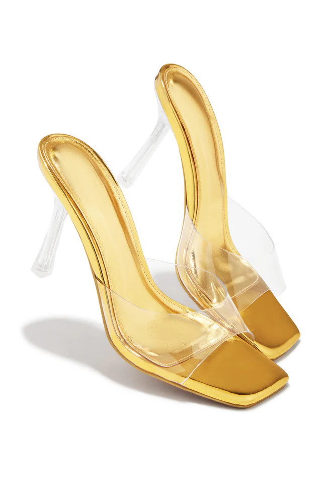 Miss Lola | Kendal Gold Clear Strap Mid Heel Mules | MISS LOLA