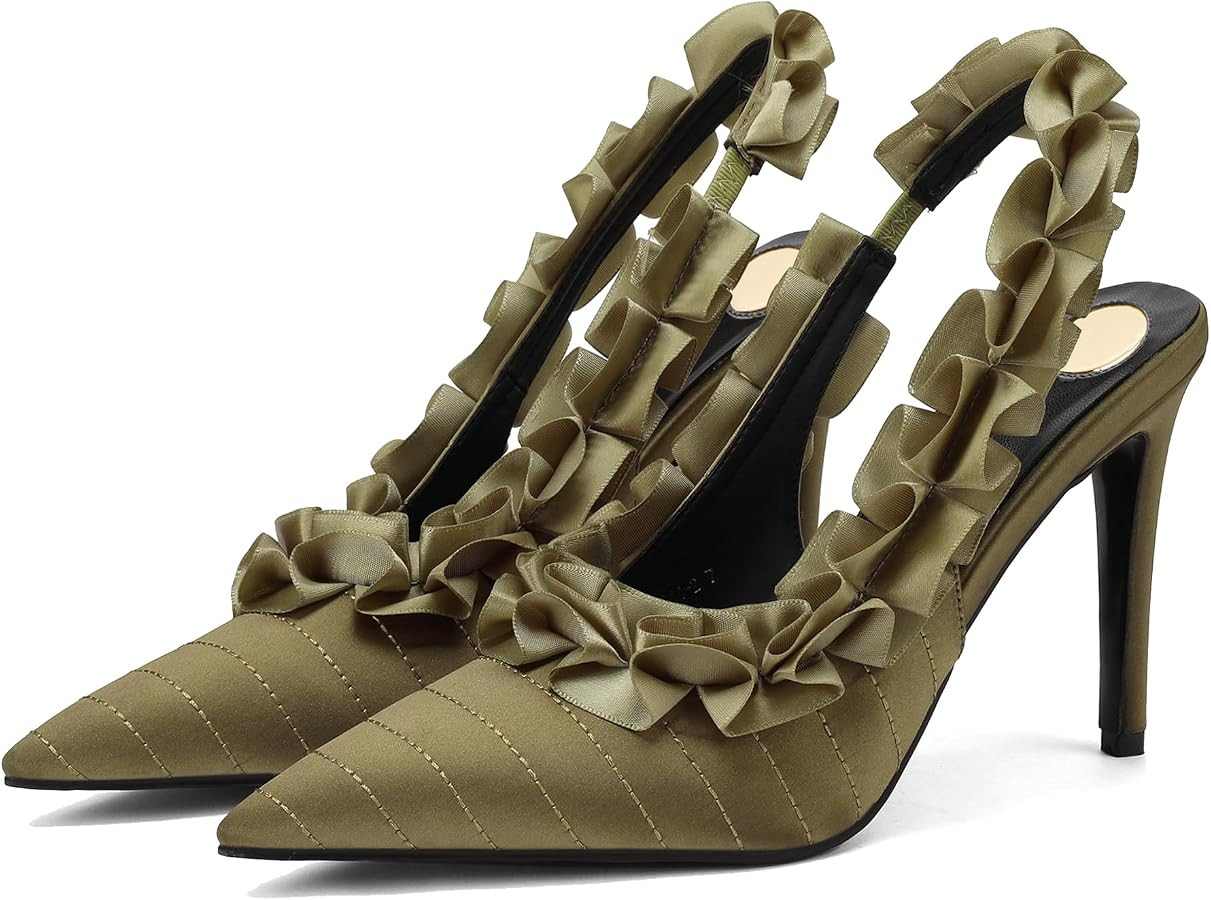 Women's Ruffled-Detail Slingback Pumps Quilted Pointed Toe Stiletto Heels | Amazon (US)