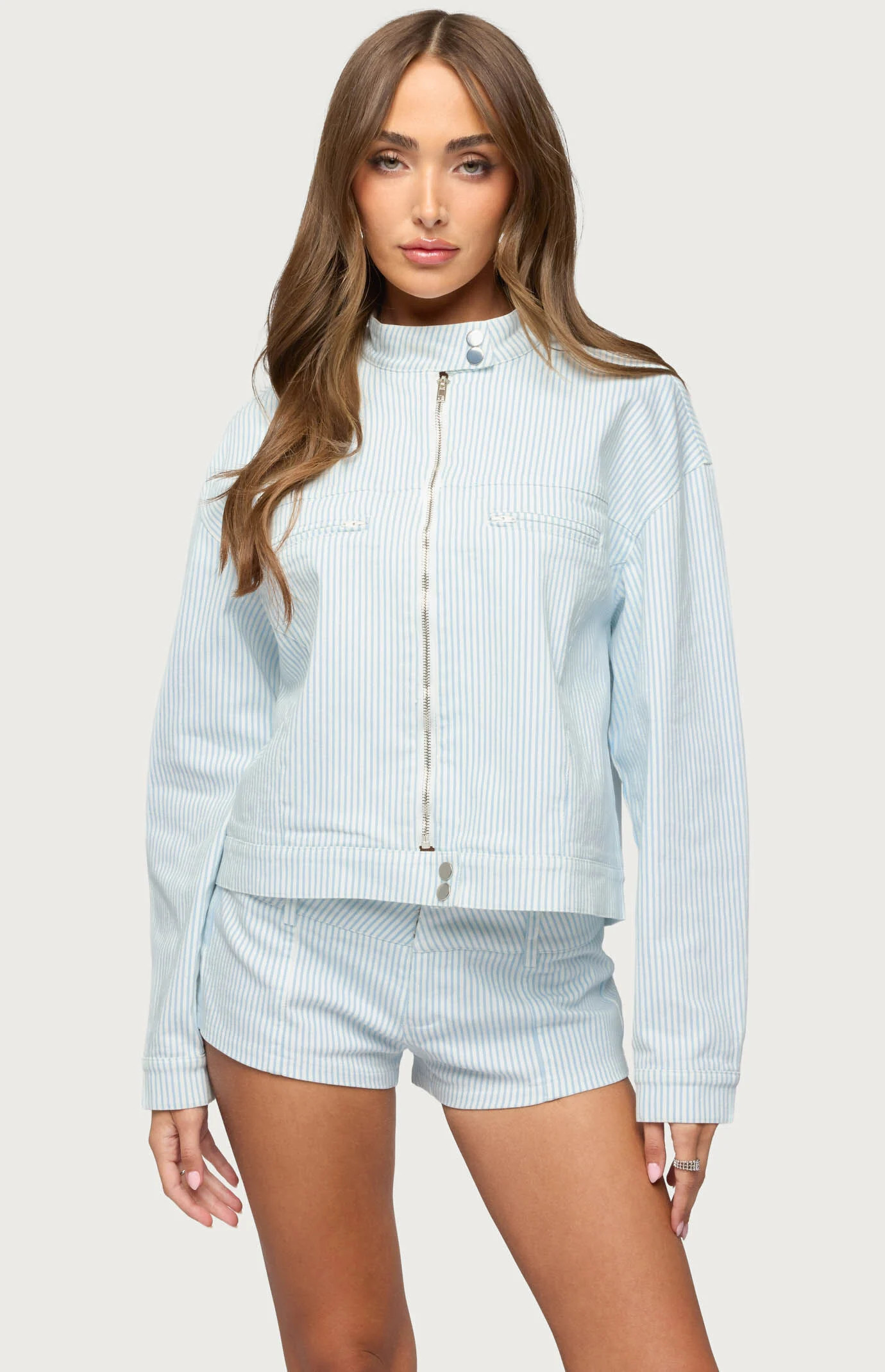 Edikted Women's Myah Pinstripe Moto Jacket in White/Blue - Size XL | PacSun