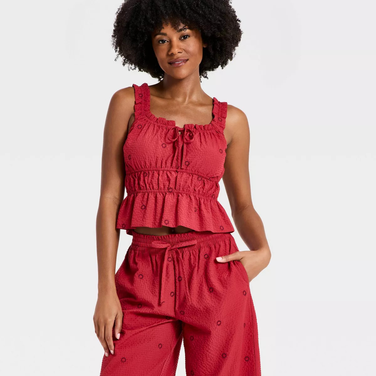 Women's Ruffle Seersucker Tie-Front Tank Top - Auden™ Red S | Target