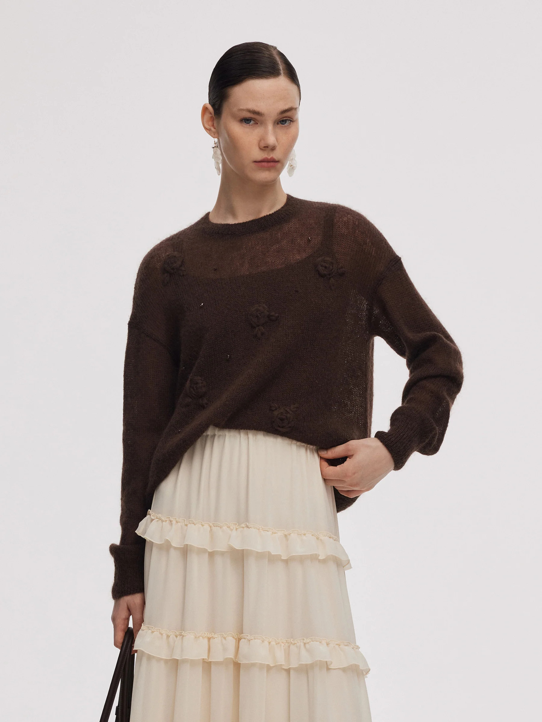 Mohair Wool Blend Women Hand-Crocheted Floral Sweater - Coffee Brown / S | GOELIA