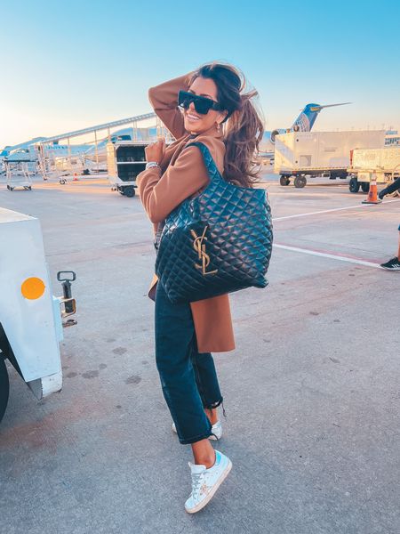 Travel Outfit, Airport Outfit, Fall Outfit, YSL Tote Bag, Travel Tote, Casual Outfit Ideas, Golden Goose, Designer Sneakers, Designer Sunglasses, Cognac Coat, Travel Stroller, Emily Ann Gemma 

#LTKSeasonal #LTKtravel