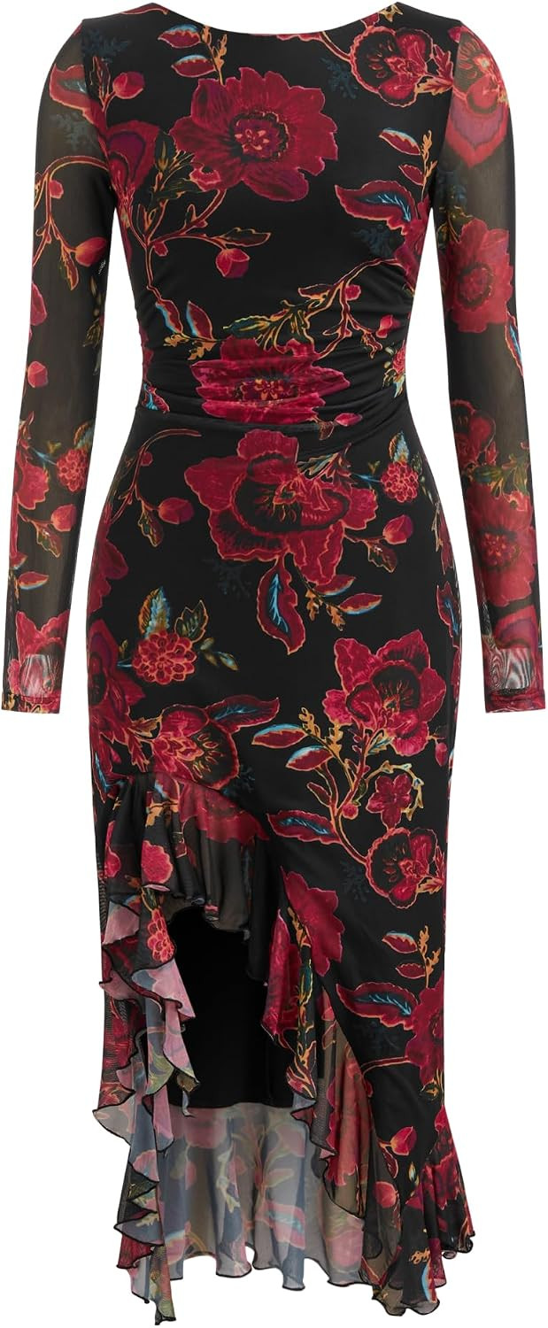 CIDER Women's Floral Bodycon Dress Ruffle Asymmetrical Hem Long Sleeve Ruched Mesh Cocktail Party Holiday Midi Dress | Amazon (US)