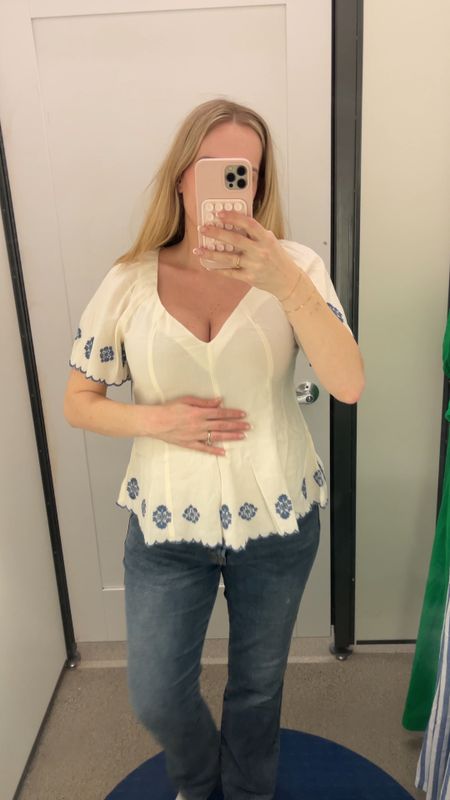 Free people vibes - but at 1/2 the price! This v-neck embroidered shirt is so perfect! Fits true to size, I’m in a M and the subtle peplum is sooo flattering and in style!  
- free people inspired - spring outfit - old navy finds - old navy fashion  

#LTKstyletip #LTKfindsunder50 #LTKbump