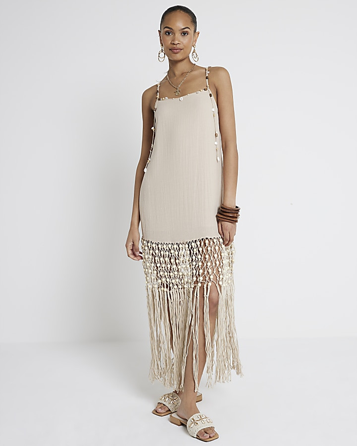 Cream Macrame Fringe Beach Mini Dress | River Island (UK & IE)