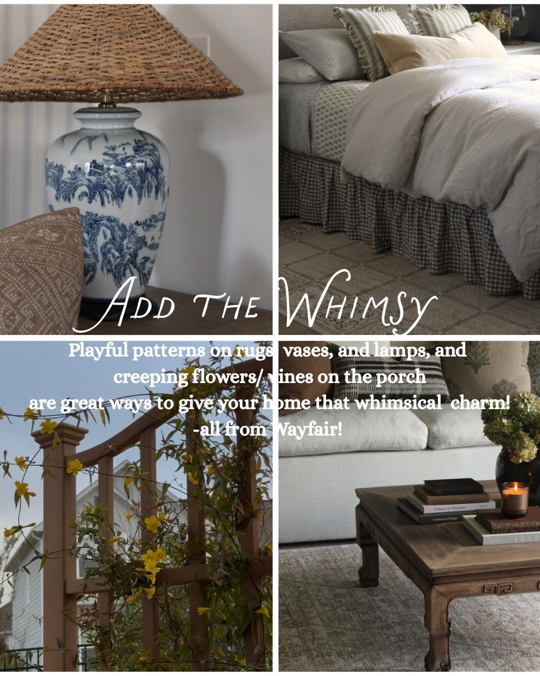 #ad Add in some whimsical pieces @Wayfair 
Whimsical touches add a comforting yet playful feel to your space. Rugs, trellis, and hand painted vases or lamps can do so much for a space! 
#wayfair #wayfairpartner

#LTKHome