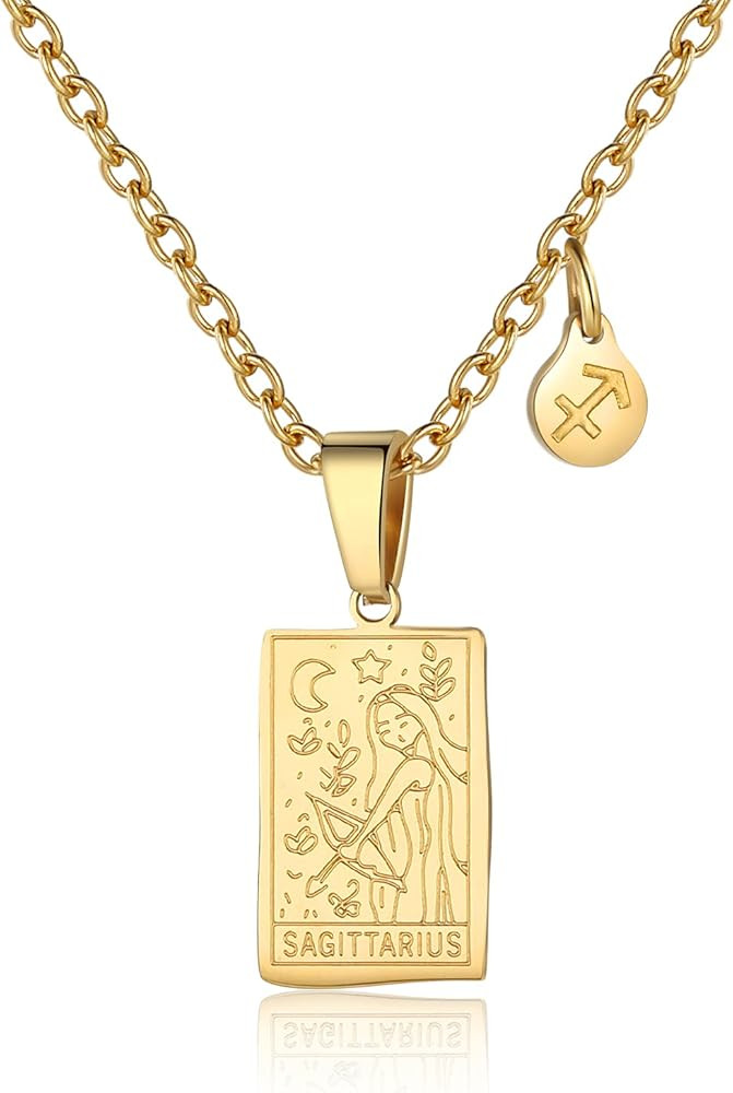 Zodiac Sign Necklace for Women Constellation Tarot Card Pendant Double Sided Gold Stainless Steel... | Amazon (US)