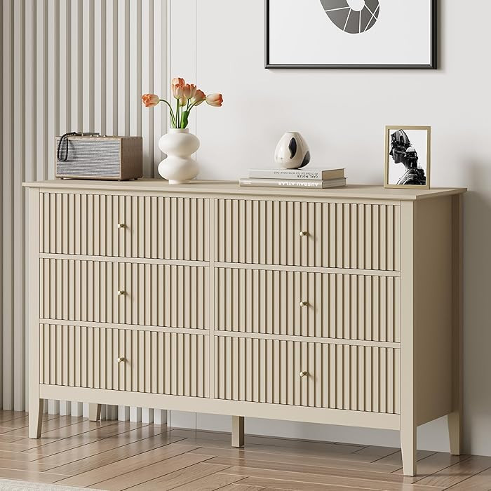 RoyalCraft Beige 6 Drawer Dresser, Fluted Modern Wood Chest of Drawers, Long Dresser for Bedroom ... | Amazon (US)