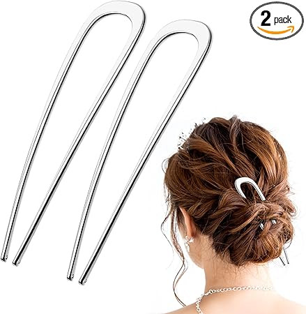 Lusofie 2Pcs French Hair Pins U-Shaped Large Hair Pins Metal 2 Prong Hair Fork French Twist Stick... | Amazon (UK)