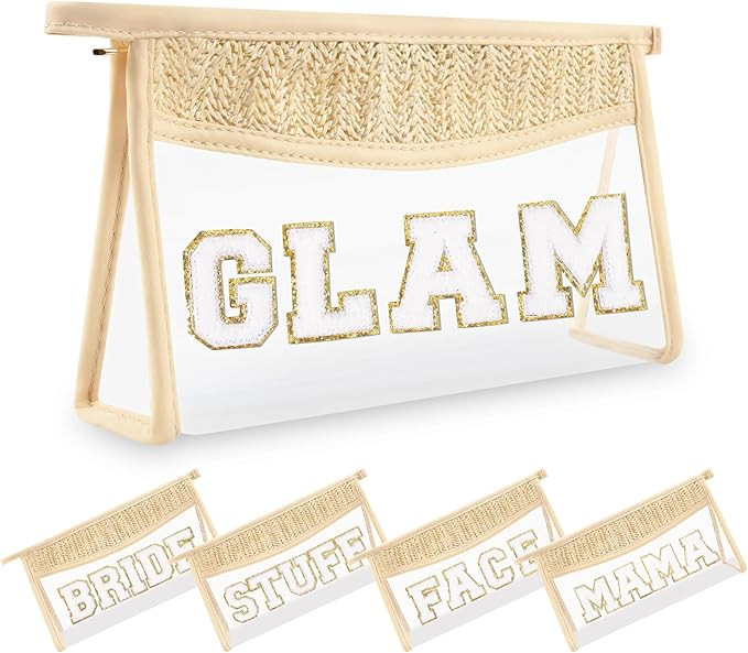 Small Boho Straw Clear Glam Makeup Bags for Women&Girls, Zipper Cosmetic Bag Chenille Varsity Let... | Amazon (US)