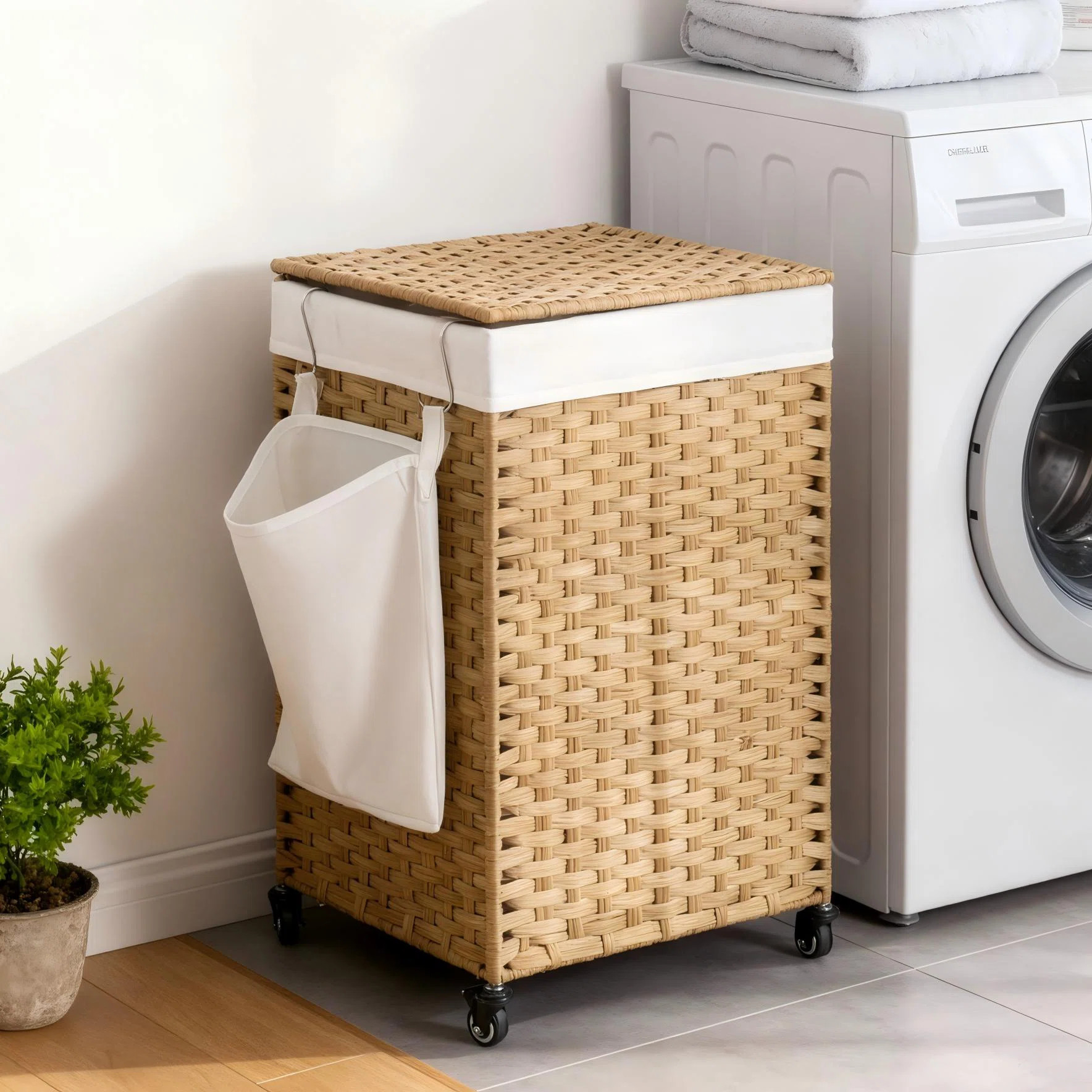 Laundry Hamper With Lid, 31.7 Gallons (120 L), Rolling Laundry Basket With Wheels, Synthetic Ratt... | Wayfair North America