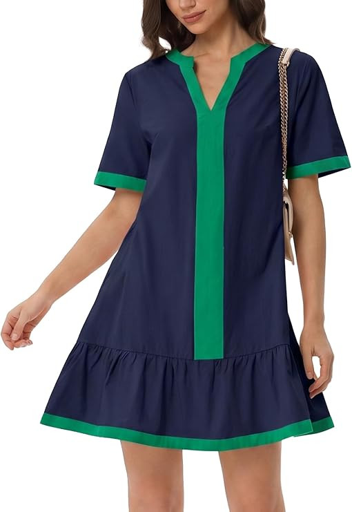 EZAPINE Women Summer Mini Dress 2026 Short Sleeve Drop Waist Mini Dress Cute V Neck Colorblock Sh... | Amazon (US)