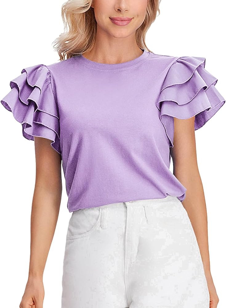 Verdusa Women's Layered Ruffle Butterfly Sleeve Round Neck Blouse Tee Top | Amazon (US)