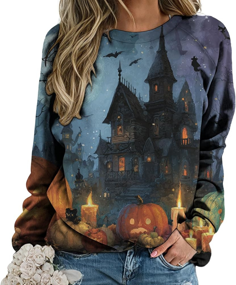 Casual Shirts for Women Trendy Long Sleeve Oversized Halloween Print Crewneck Fall Daily Wear Sof... | Amazon (US)