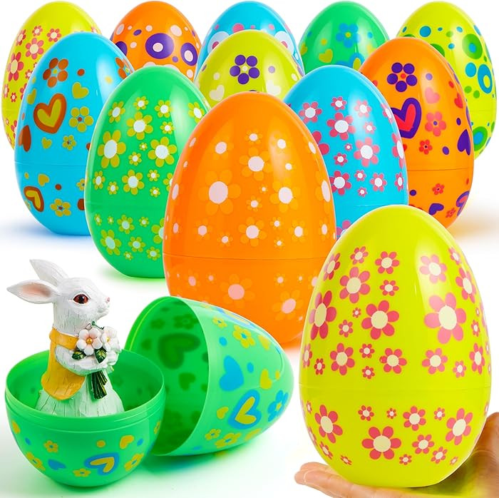 JOYIN 12 Pcs 7" Jumbo Plastic Easter Eggs, Bright Solid 6 Assorted Colors Printed Empty Eggs for ... | Amazon (US)