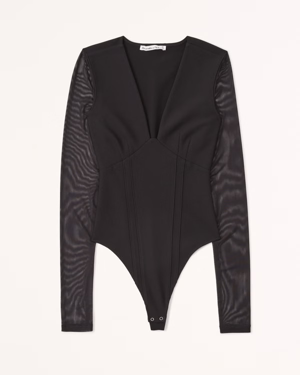 Women's Long-Sleeve Plunge Mesh Bodysuit | Women's Tops | Abercrombie.com | Abercrombie & Fitch (US)