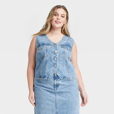 Women's V-Neck Denim Vest - Universal Thread™ Medium Wash 4X | Target
