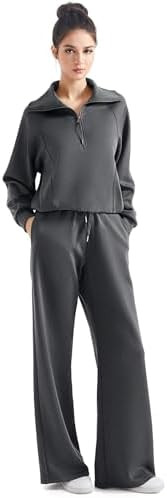SUUKSESS Women 2 Piece Lounge Matching Set Wide Leg Sweatpant Half Zip Sweatshirt | Amazon (US)
