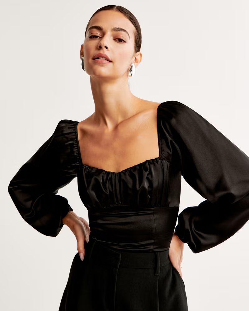 Long-Sleeve Satin Ruched Set Top | Abercrombie & Fitch (US)