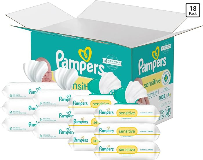 Pampers Sensitive Baby Wipes, Water Based, Hypoallergenic and Unscented, 18 Flip-Top Packs (1008 ... | Amazon (US)