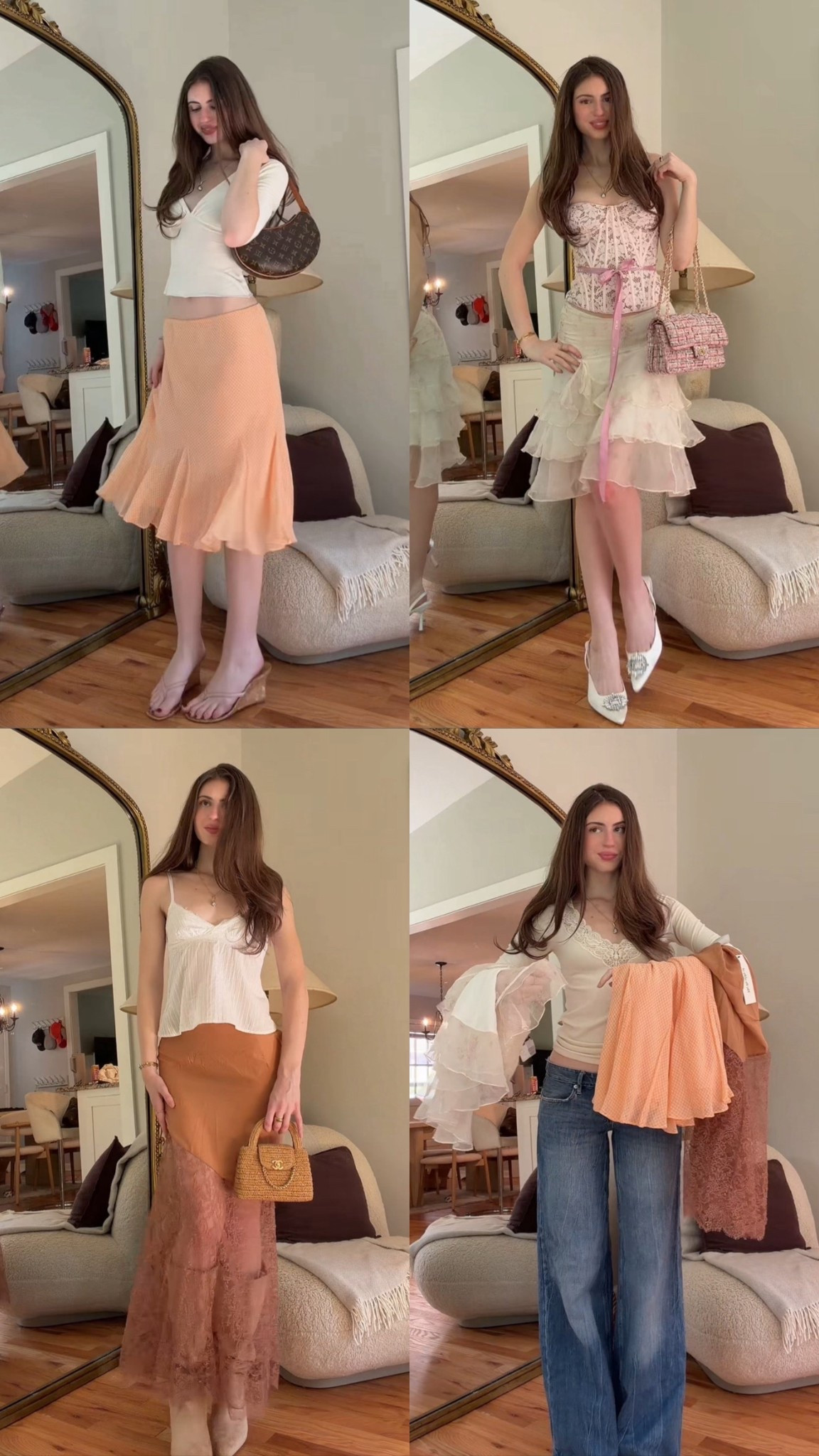 top left: skirt thrifted via Depop, top from with Jean (linked), wedges vtg manolos, bag vtg Louis Vuitton via rebag 
bottom left: skirt tom ford via the real real, top princess Polly (linked), shoes H&M (linked)
top right: skirt max Mara sport via Depop, corset linked, shoes boohoo linked, ribbion is from a Dior beauty order. 
bottom right: top is Ralph Lauren via Depop, jeans are Aeropostale (linked)
