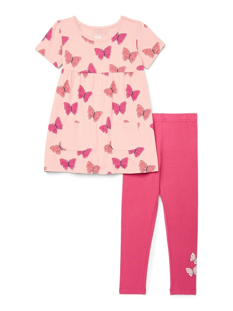 Wonder Nation Little Girls 2-Piece T-Shirt Dress and Leggings Outfit Set, Sizes 4-10 | Walmart (US)