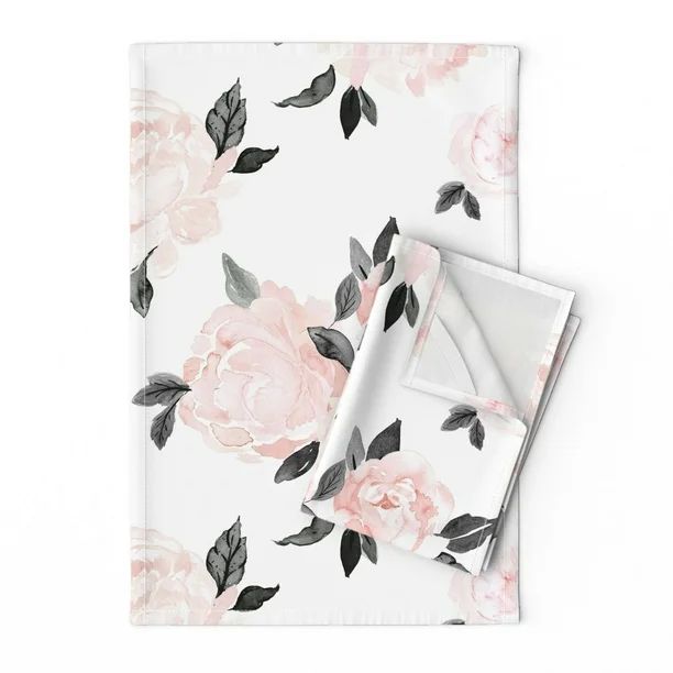 Pink And Black Floral Watercolor Linen Cotton Tea Towels by Roostery Set of 2 - Walmart.com | Walmart (US)