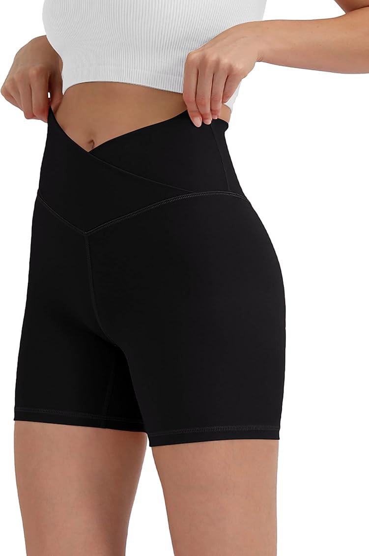 ODODOS Women's Cross Waist Biker Shorts with Inner Pocket, Sports Athletic Workout Running Yoga Shor | Amazon (US)