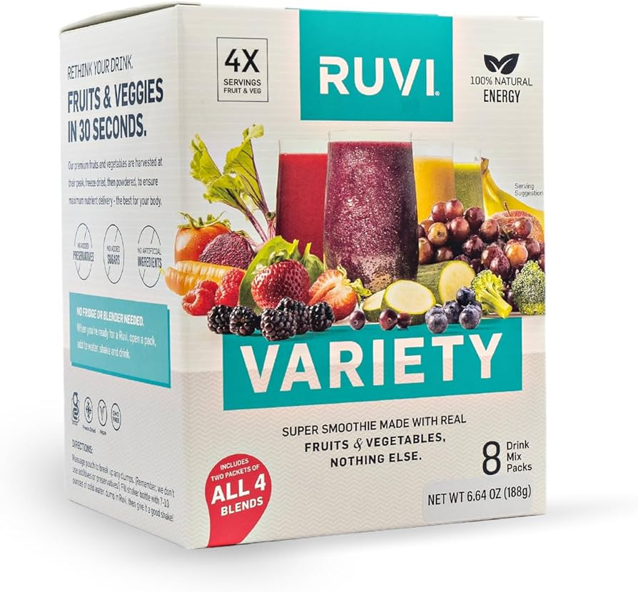 Ruvi Natural Energy Smoothies | Variety 8-Pack | Fruit and Vegetable Drink Mix | Freeze-Dried Pow... | Amazon (US)