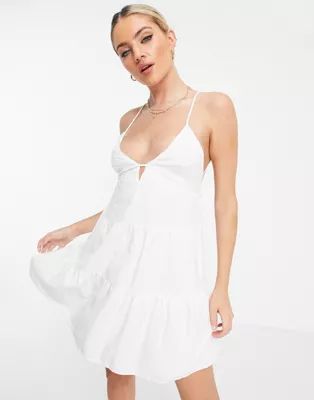 Bershka babydoll tiered summer dress with open back in white | ASOS (Global)