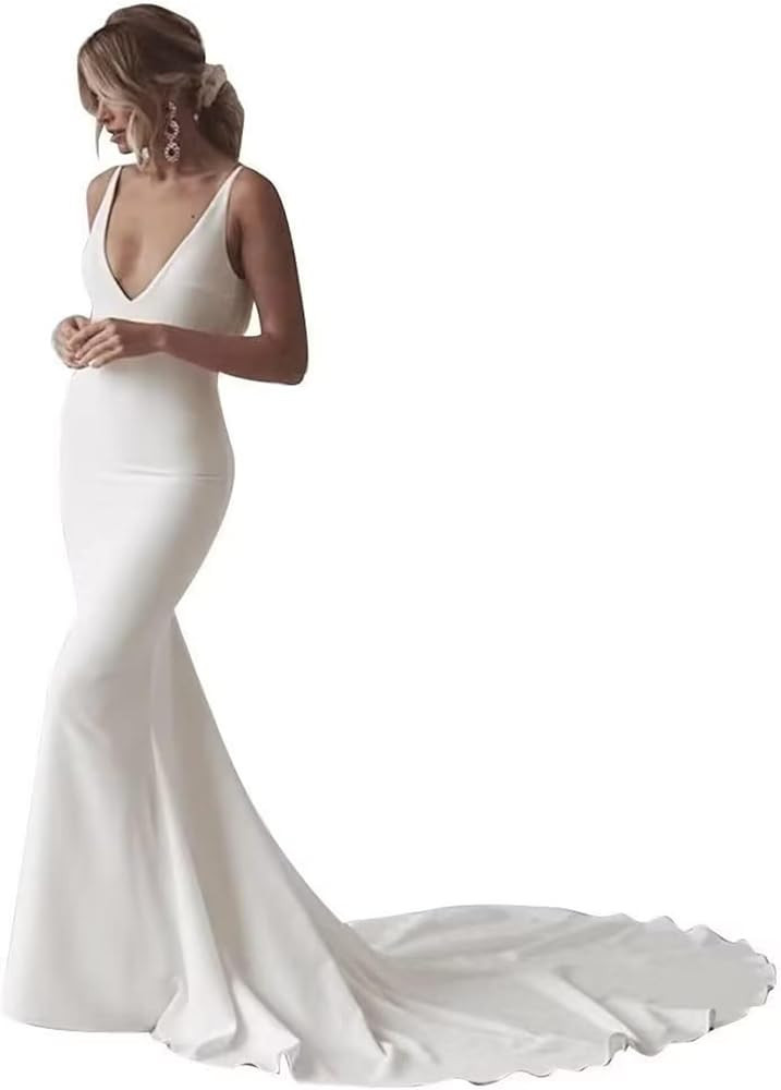 Wedding Dress for Bride Deep V-Neck Thin Strap Mermaid Brial Gowns with Train | Amazon (US)