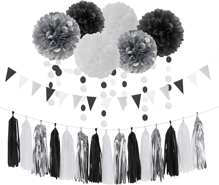 Black White Silver Party-Decorations Streamers - 23pcs Tissue Pom Poms, Graduation Men Boys Birth... | Amazon (US)