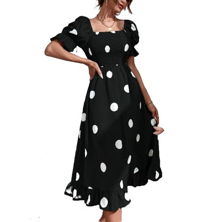 Boho Polka Dot Square Neck A Line Dress Short Sleeve Black and White Women s Dresses (Women s) M | Walmart (US)