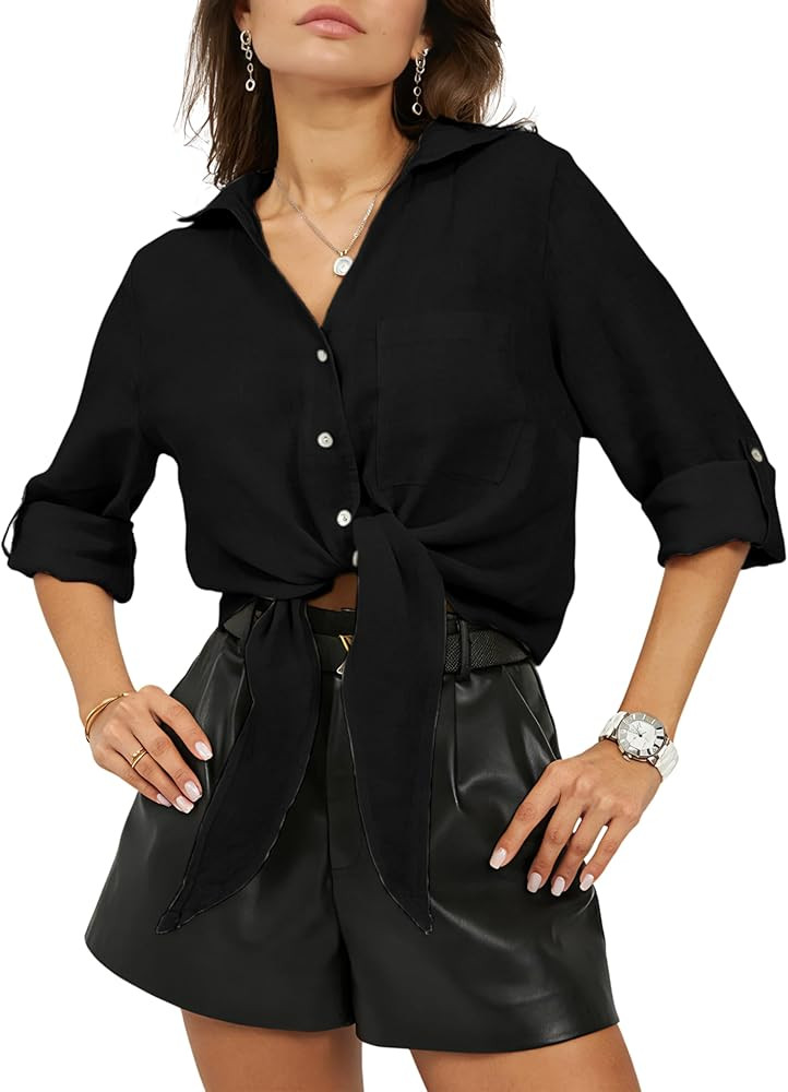 Omoone Tie Front Shirts for Women Button Down V Neck 3/4 Sleeve Loose Summer Casual Cotton Linen ... | Amazon (US)