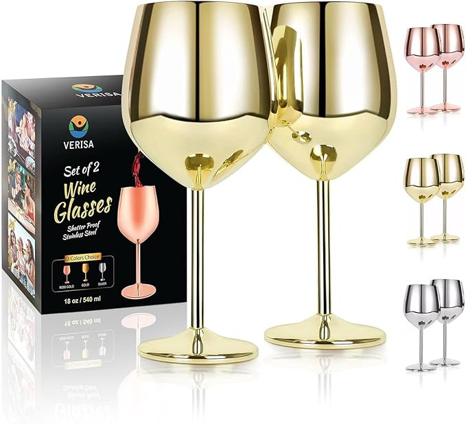 VERISA Stainless steel stemmed wine glasses,18oz Unbreakable gold Wine glasses set of 2, Shatterp... | Amazon (US)