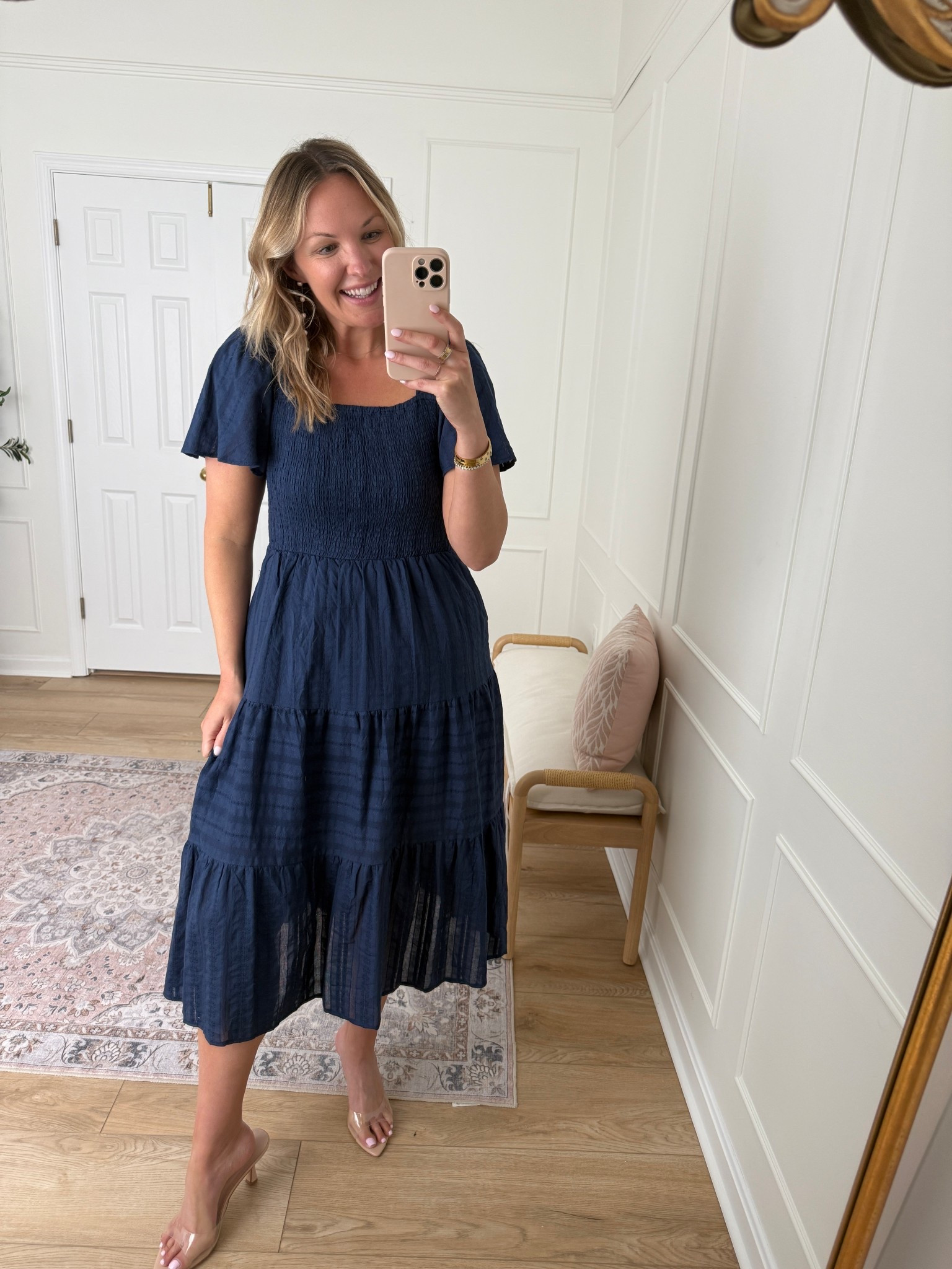 Great sleeve coverage and smocked stretchy top! Perfect for work or a spring occasion! Wearing a medd