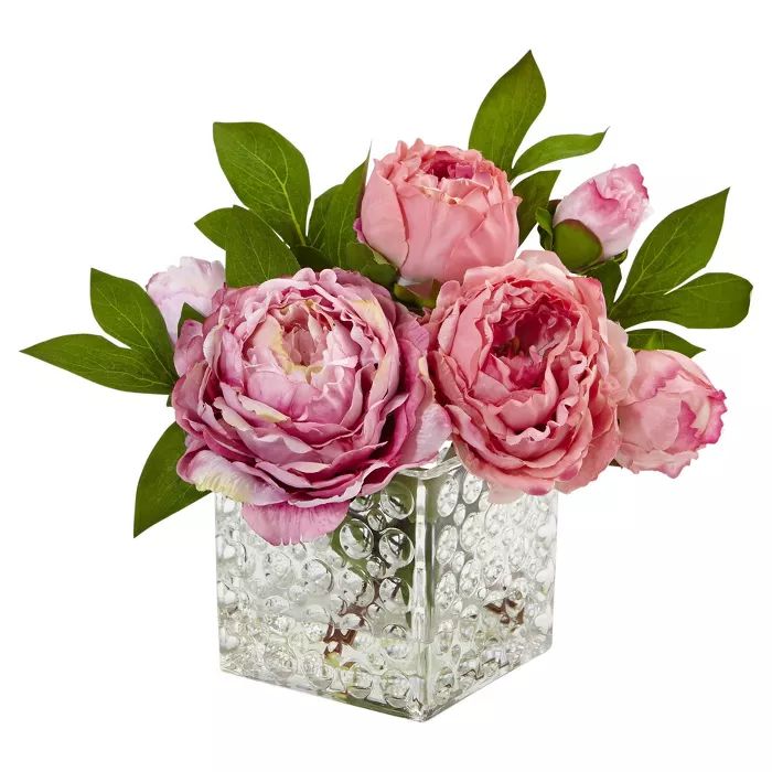 Peony in Glass Vase Pink - Nearly Natural | Target
