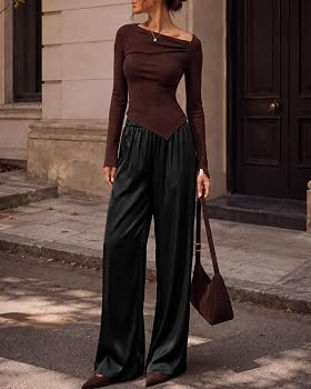 Satin Wide Leg Dress Pants Silk Flowy Long Trousers for Women | Amazon (US)