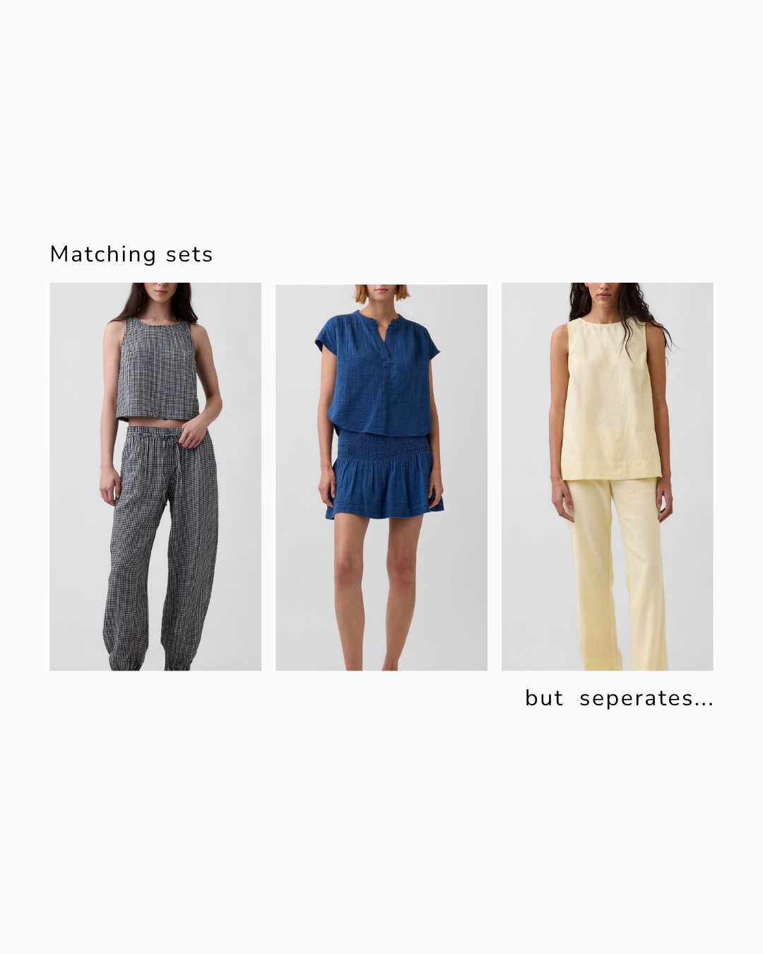 I love the versatility of a good matching set. I think my favorite in this pic would have to be the black and white one… mostly because I can already picture so many different ways to wear it.

The shell top would look so chic with black pants for a polished outfit, and the pants would be perfect paired with a simple white tank for an easy everyday look. That’s what makes matching sets such a great wardrobe staple… you get effortless style plus pieces you can mix and match all season long. 

 #LTKOver40 #LTKPetite