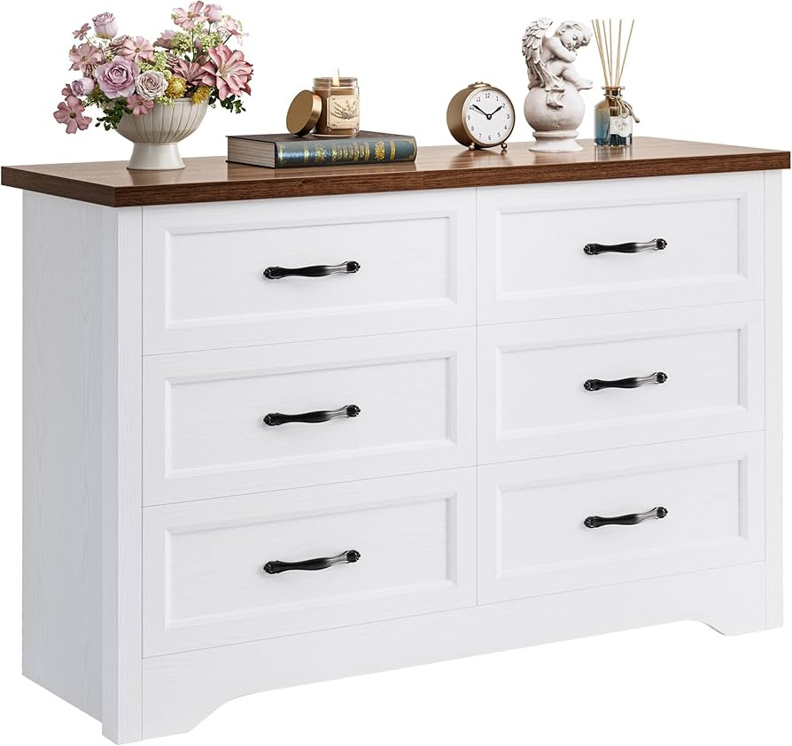 LIKIMIO White Dresser for Bedroom, Modern 6 Drawer Double Dresser for Bedroom with Black Handle, ... | Amazon (US)