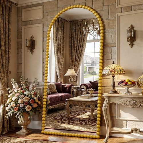 Antok Floor Mirror, 76"×34" Vintage Full Length Mirror Beaded Full Body Mirror with Stand, Hanging Mounted for Bedroom Living Room Cloakroom,Gold,Luxury Style | Amazon (US)